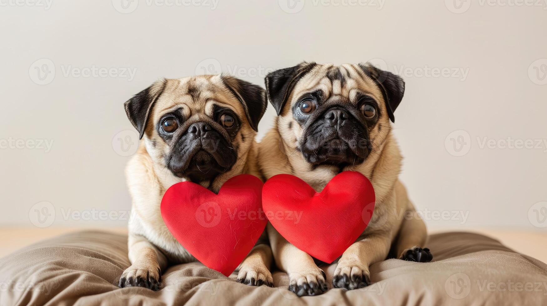 Pugs holding a bright red heart pillow Happy Valentines Day banner. Pets playful expressions embody joy and affection in a warm indoor setting. Dogs romantic background. photo
