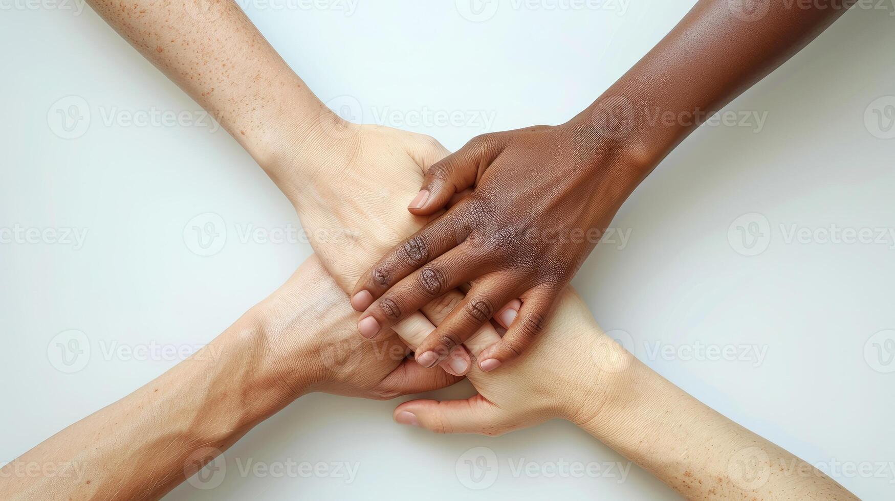 Diversity hands are layered together, harmony and cooperation. This display of unity captures the essence of collaboration across diverse. International Day of Human Fraternity. Zero Discrimination. photo