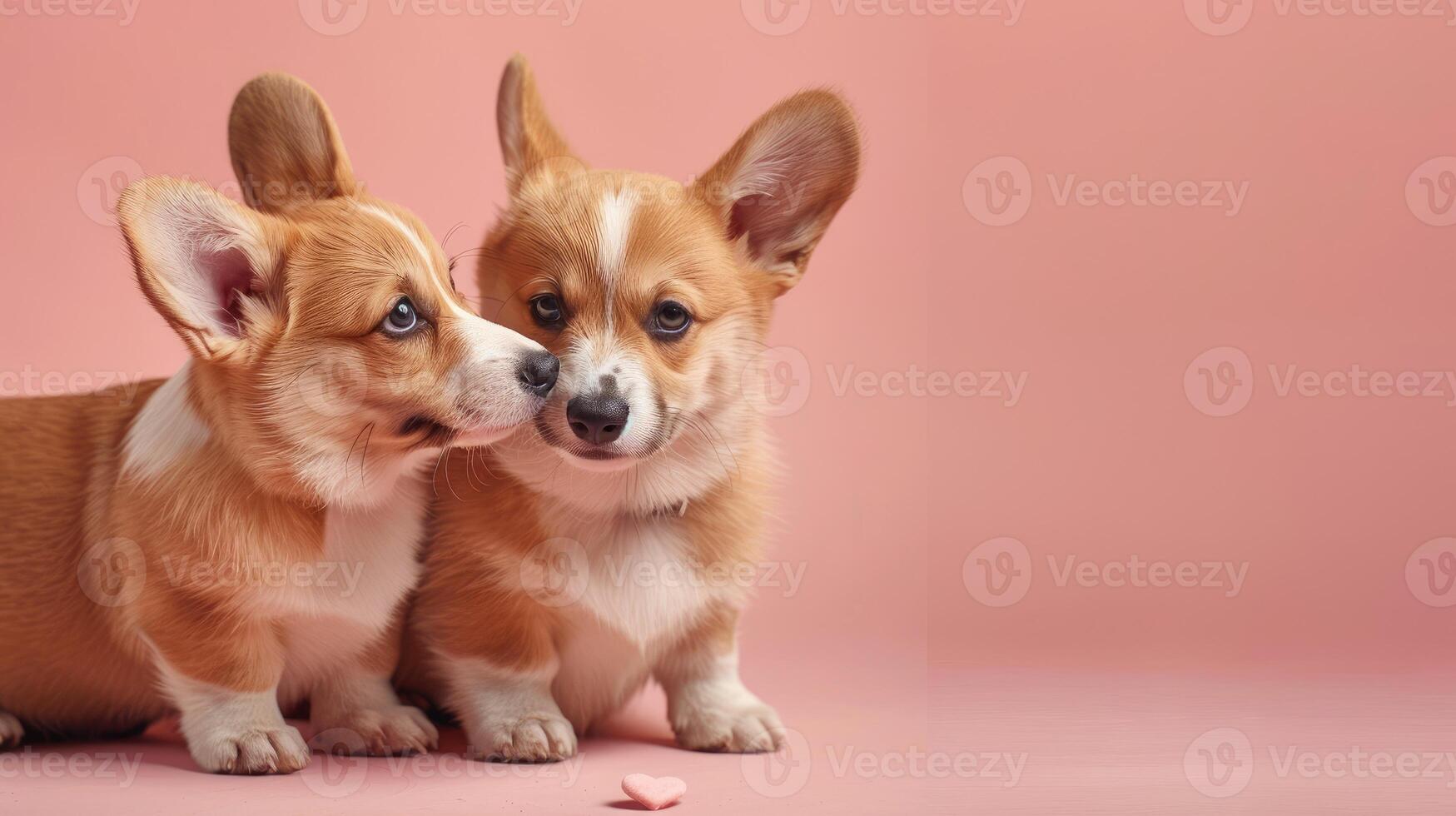 Two playful corgis sit close together against pink background with copy space. Couple dogs banner for business, grooming, advertising. Little funny pets. photo