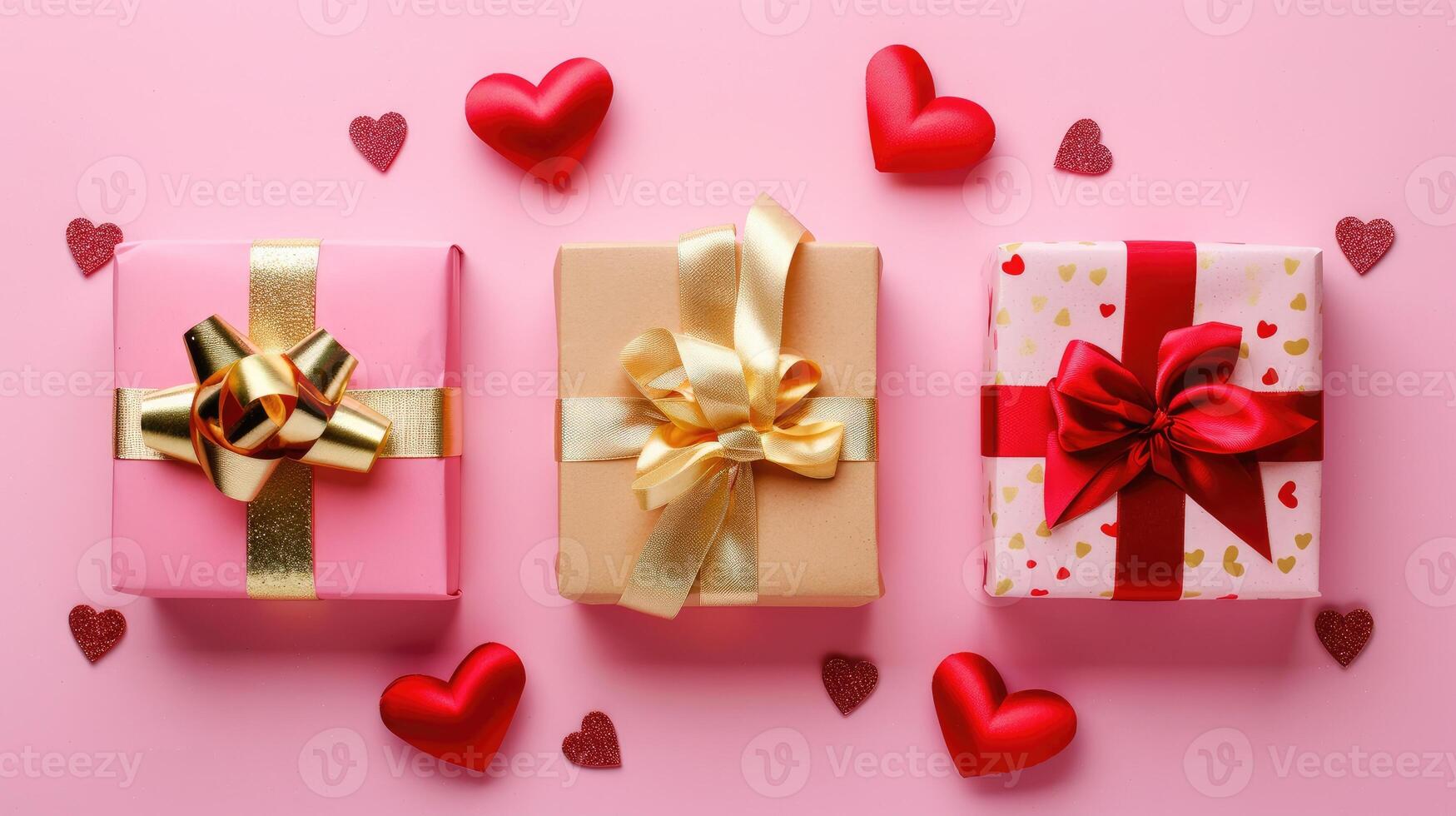 Three beautifully wrapped gift boxes are arranged on a soft pink surface, adorned with gold bows. Cute red hearts scattered around create romantic Valentines Day photo