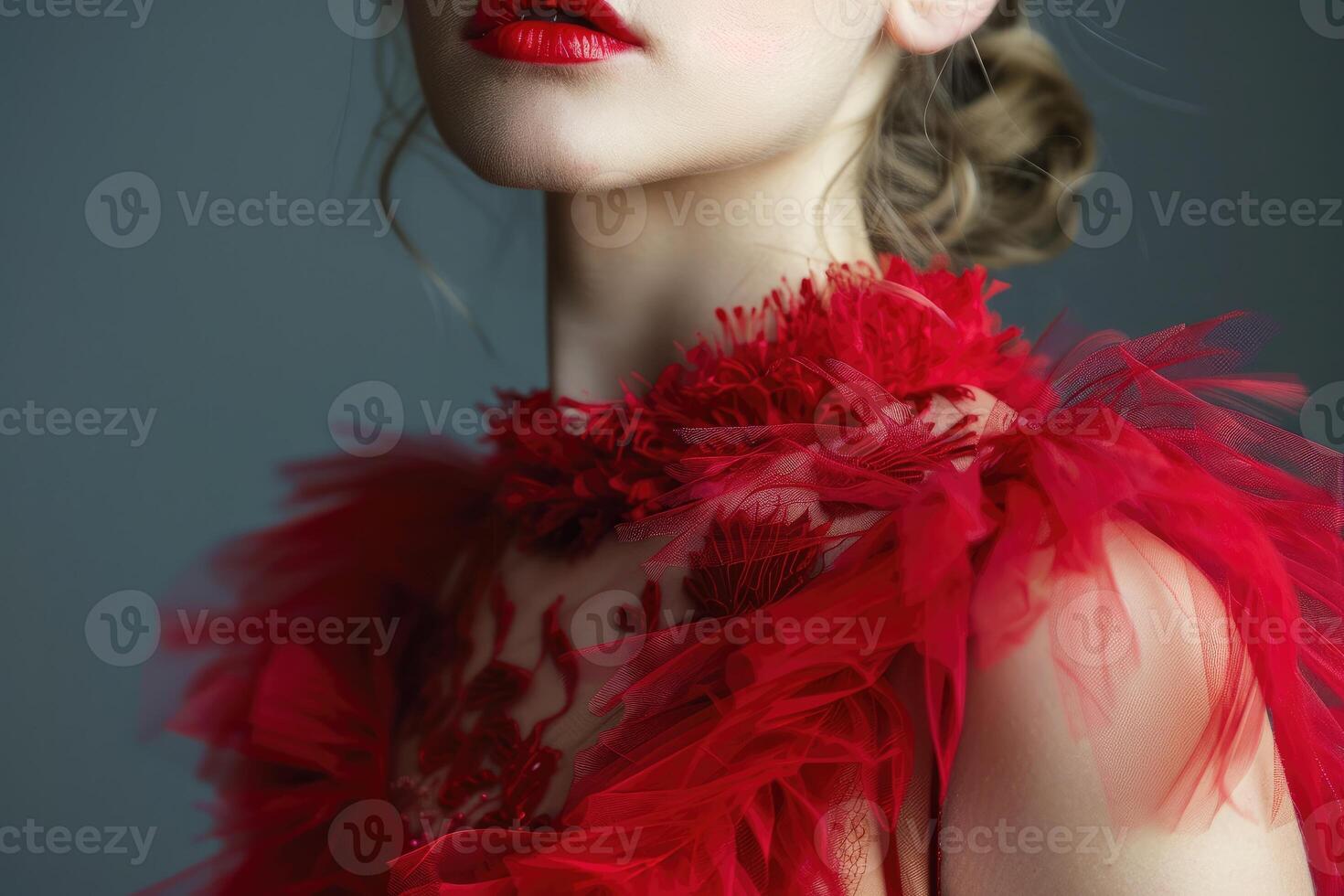 National Wear Red Day elegant close up woman poses gracefully in a striking dress, enhanced by soft studio lighting that accentuates her features and the intricate details of her attire photo
