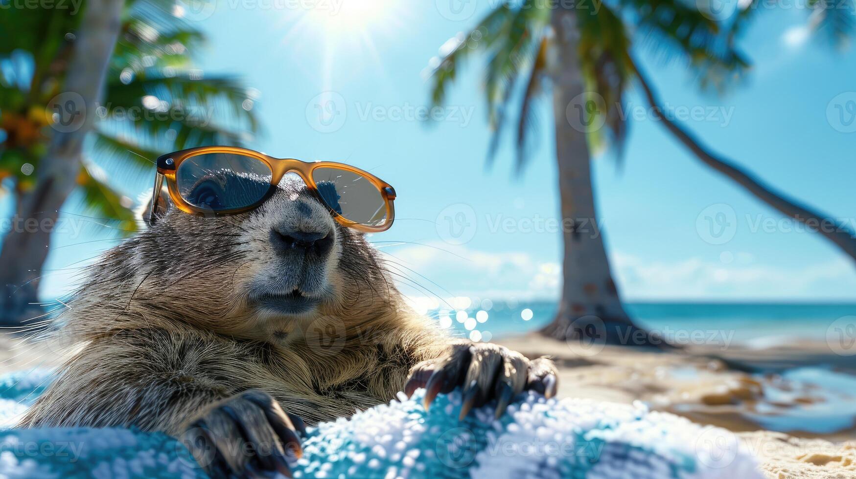 Happy Groundhog Day enjoys a sunny beach day, wearing stylish, oversized sunglasses. The scene features palm trees, sparkling ocean water, and clear blue skies, creating a lively, tropical atmosphere photo