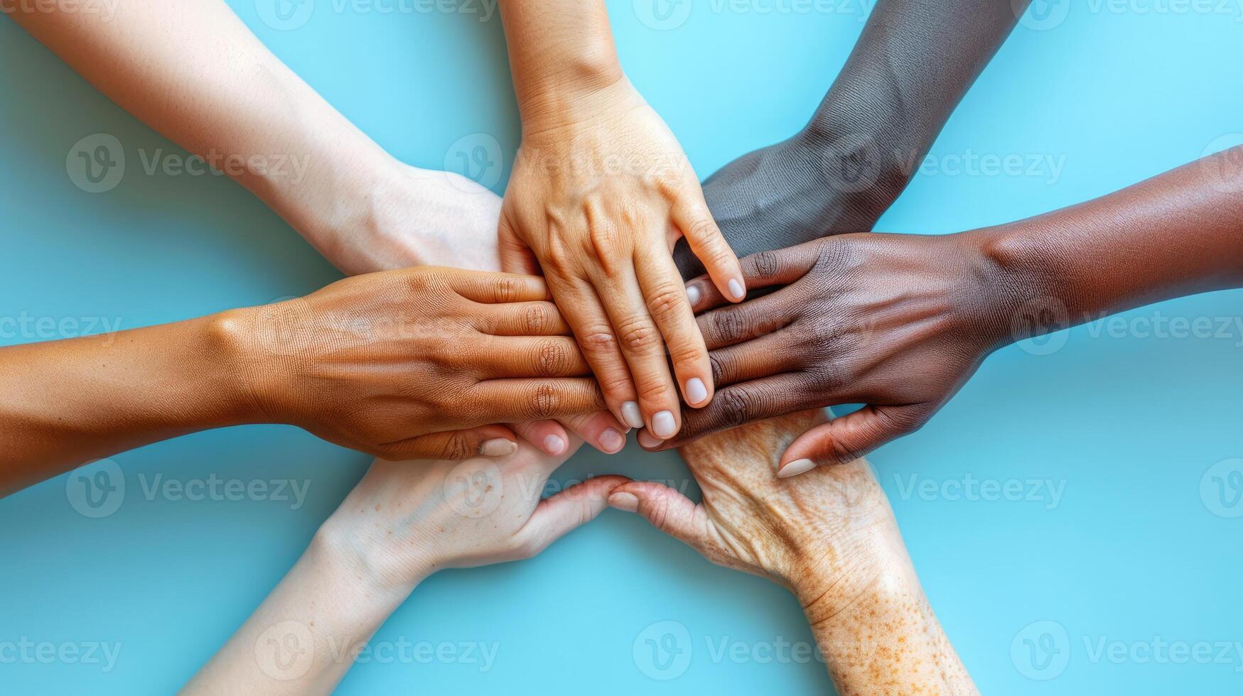 Close-up Diverse hands of various skin tones placed together on blue surface, symbolizing harmony and collaboration among individuals. International Day of Human Fraternity, Zero Discrimination Day photo