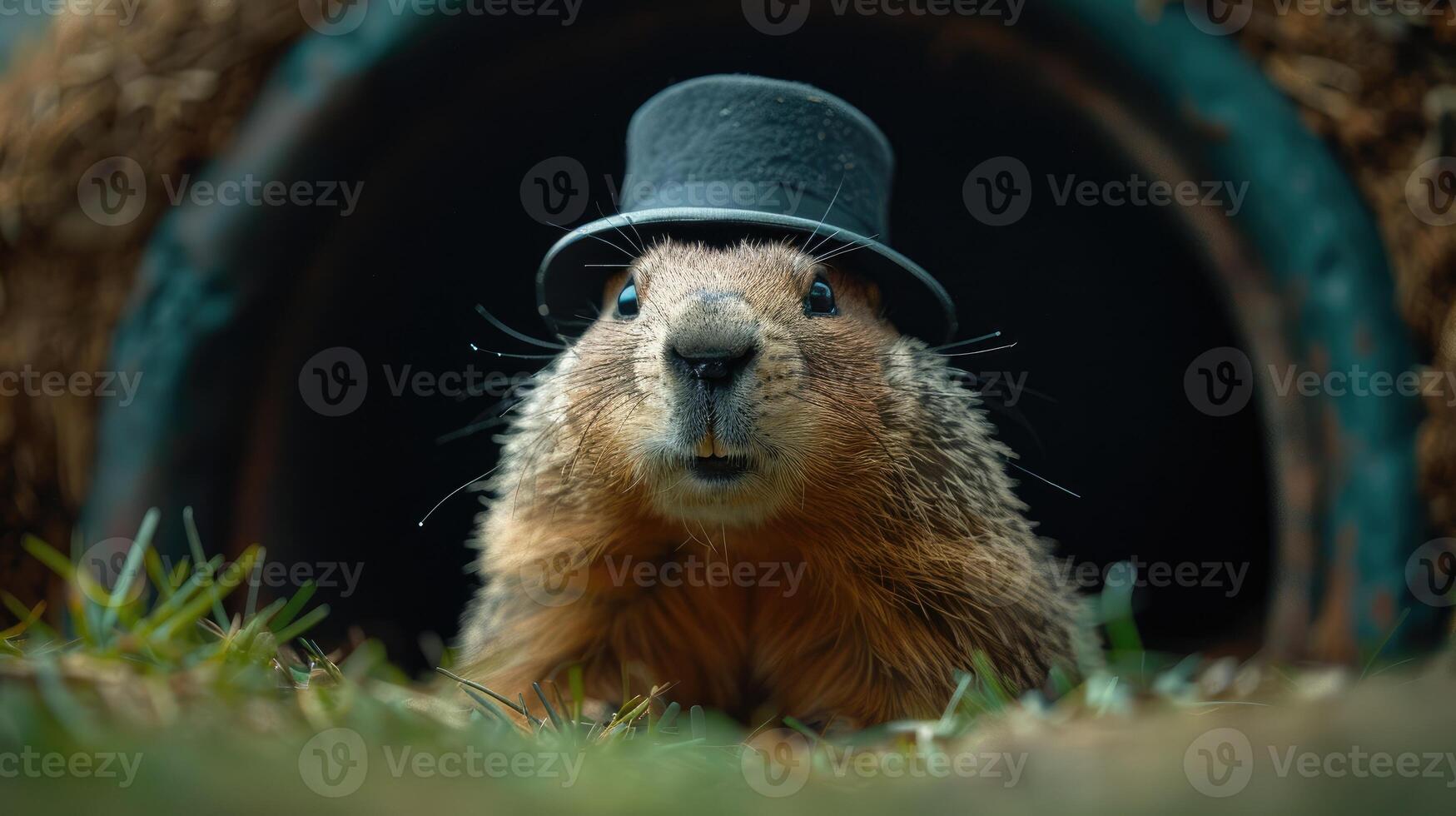 An adorable groundhog with a small green top hat peeks out from its cozy burrow on a bright and sunny afternoon. The setting is lively with green grass surrounding the entrance photo