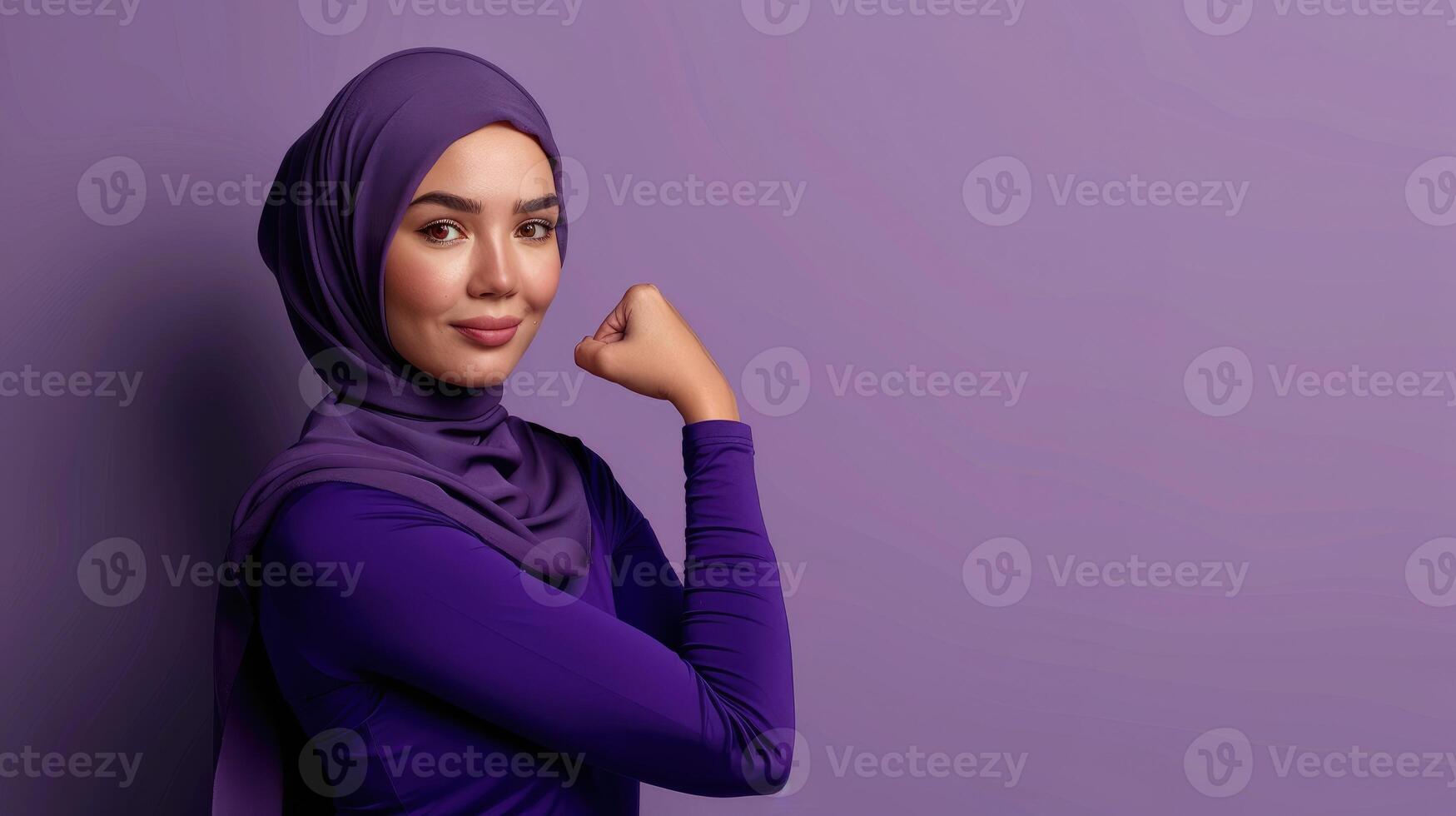 Woman wearing purple hijab and show hand strength. AccelerateAction backdrop is a soft violet color and big copy space. International Womens Day 2025 empty banner. Accelerate Action IWD. photo