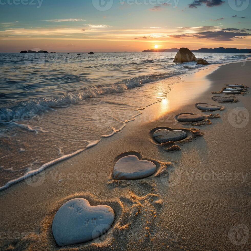 Beach at sunset with Heart shaped Stones are arranged in the sand for Happy Valentine's Day banner with copy space. Love Summer Background with empty place for text and sky, waves lapping at shore photo