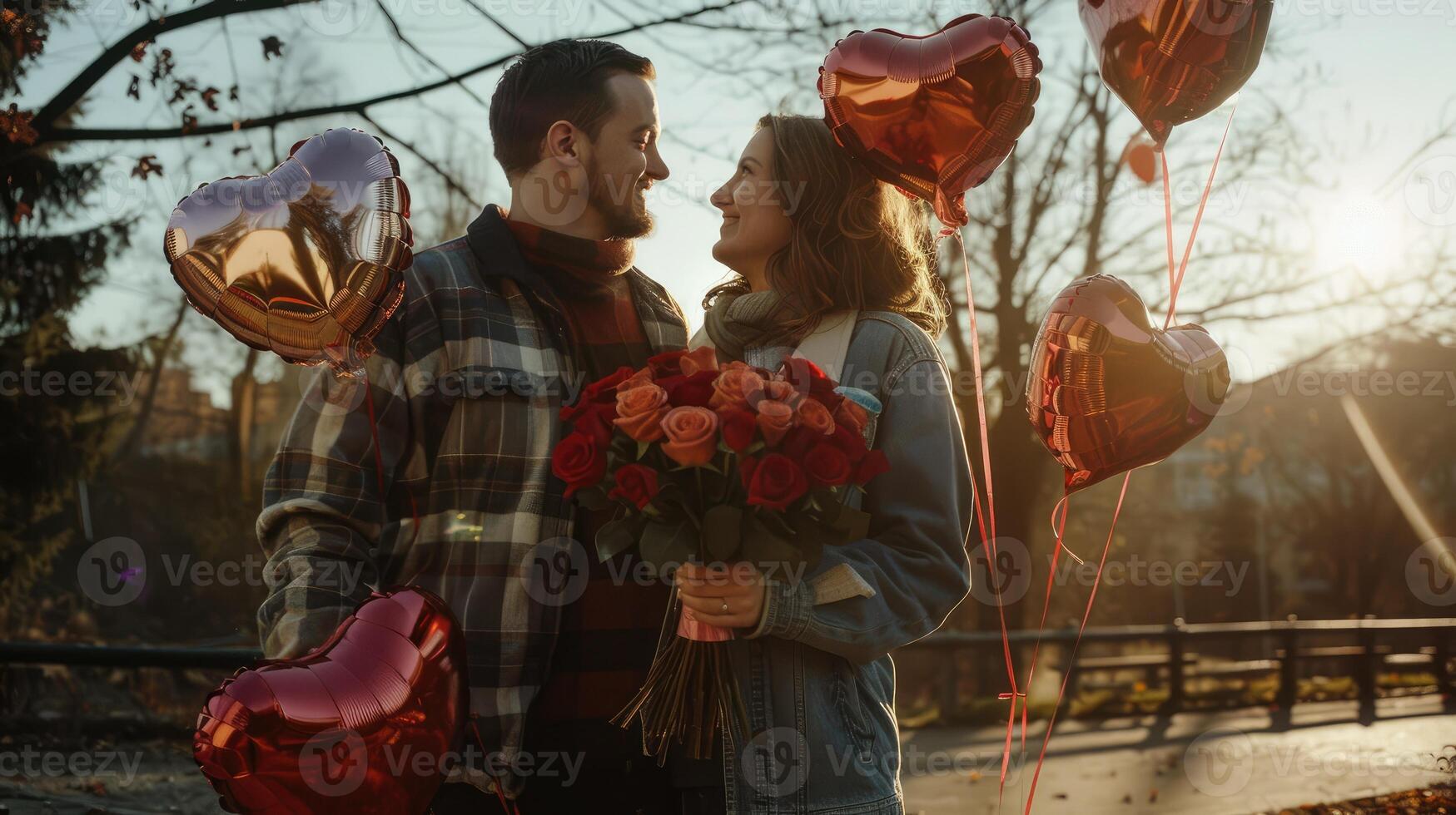 A couple stands close in a park, surrounded by heart-shaped balloons, celebrating Valentine's Day. The woman holds a vibrant bouquet of roses, while a warm sunset bathes the scene in light photo