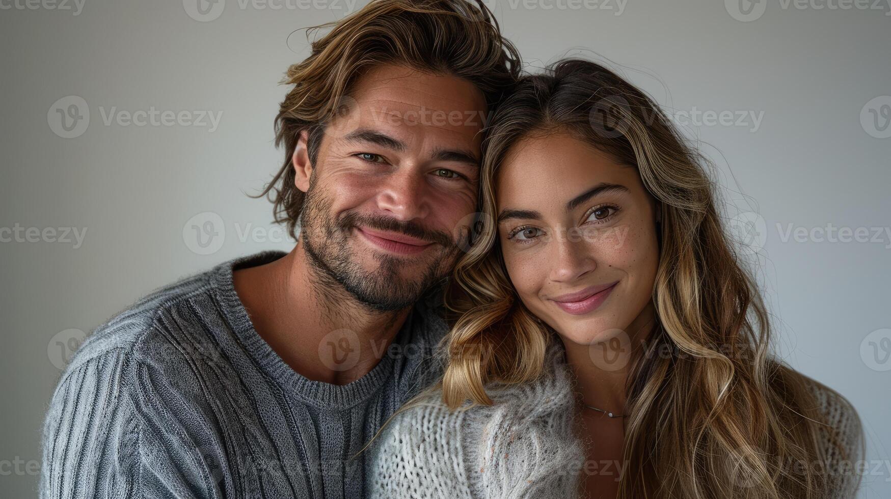A handsome man and a beautiful woman are posing close to each other, both smiling warmly. They are dressed in cozy sweaters, giving a relaxed and intimate vibe in a softly lit room. Family day photo