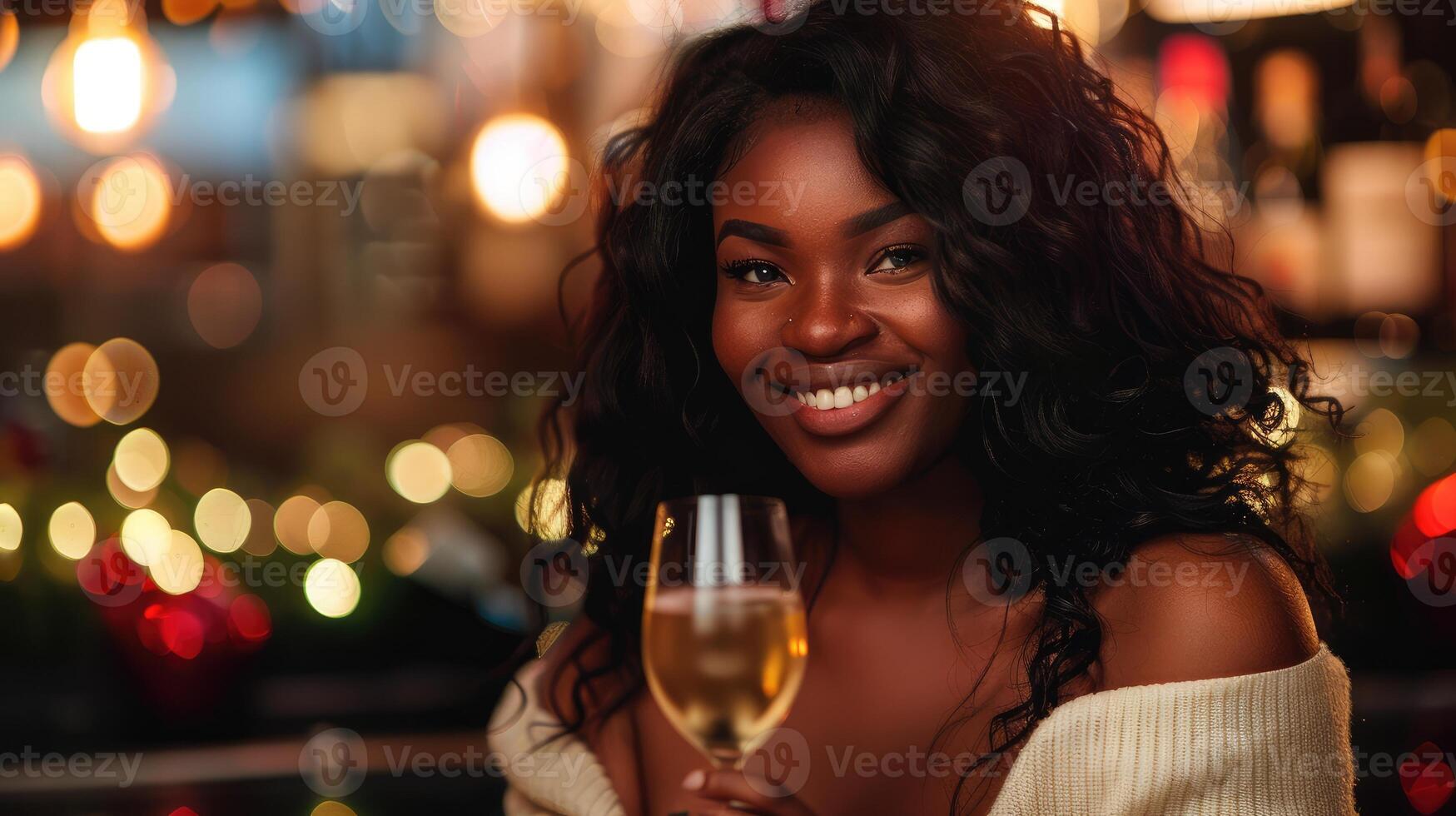 Singles Awareness Appreciation Day Black woman smiles brightly while holding a glass of champagne. She is in a cozy bar adorned with festive decorations, exuding warmth and joy photo