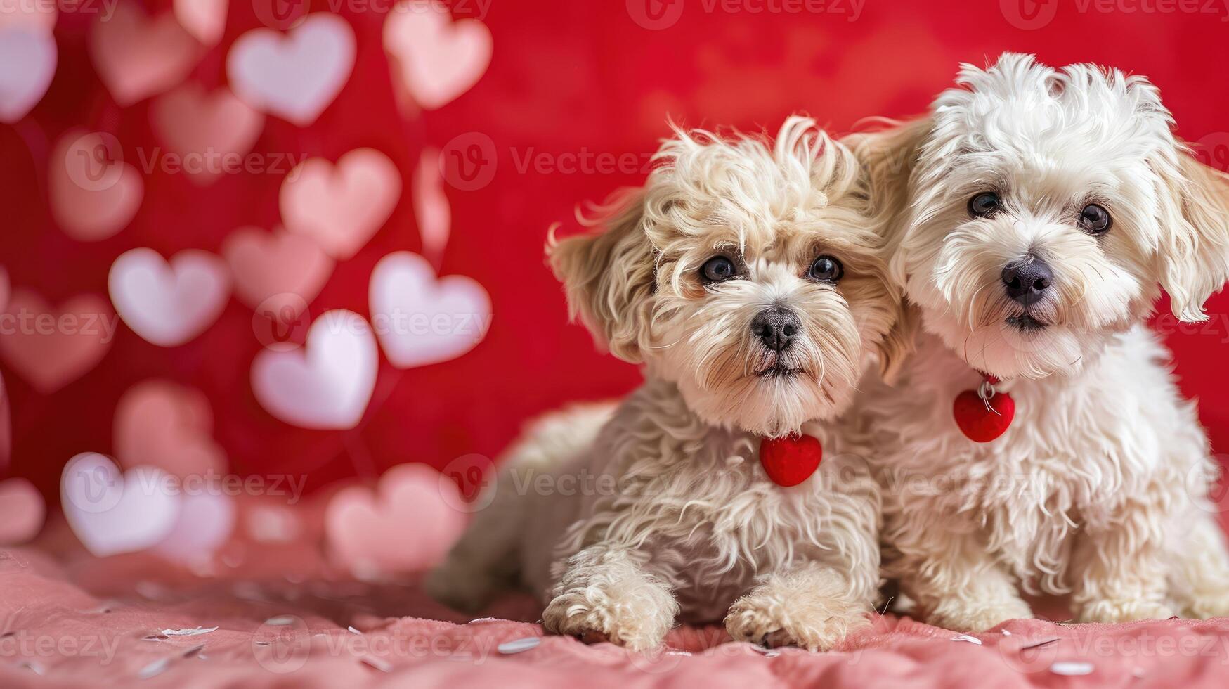 Valentines Day banner with Maltipoo puppies sit closely together and copy space. Love romantic dog red Background with empty place for text and hearts. Loving atmosphere with pets. photo