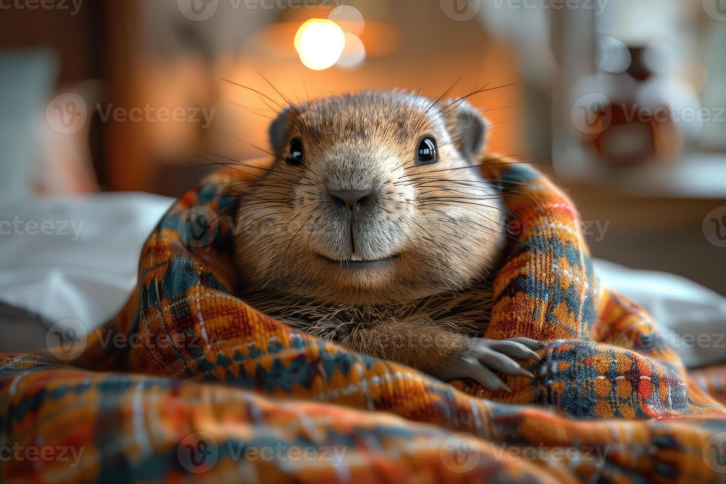 A groundhog is wrapped in a vibrant blanket, radiating cuteness and warmth. The background features a softly lit room, enhancing the cozy feel photo