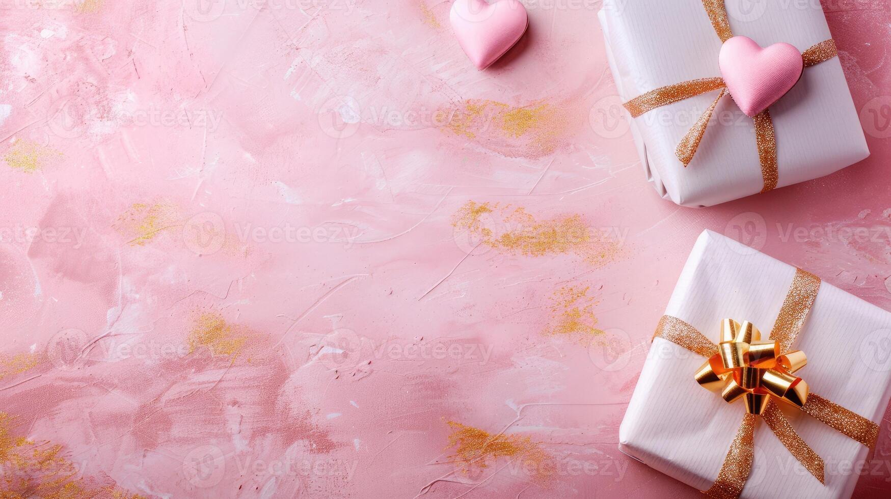 Pink gift boxes with gold bows and heart on soft surface banner with copy space for Valentines day. Love romantic girly background for birthday. photo