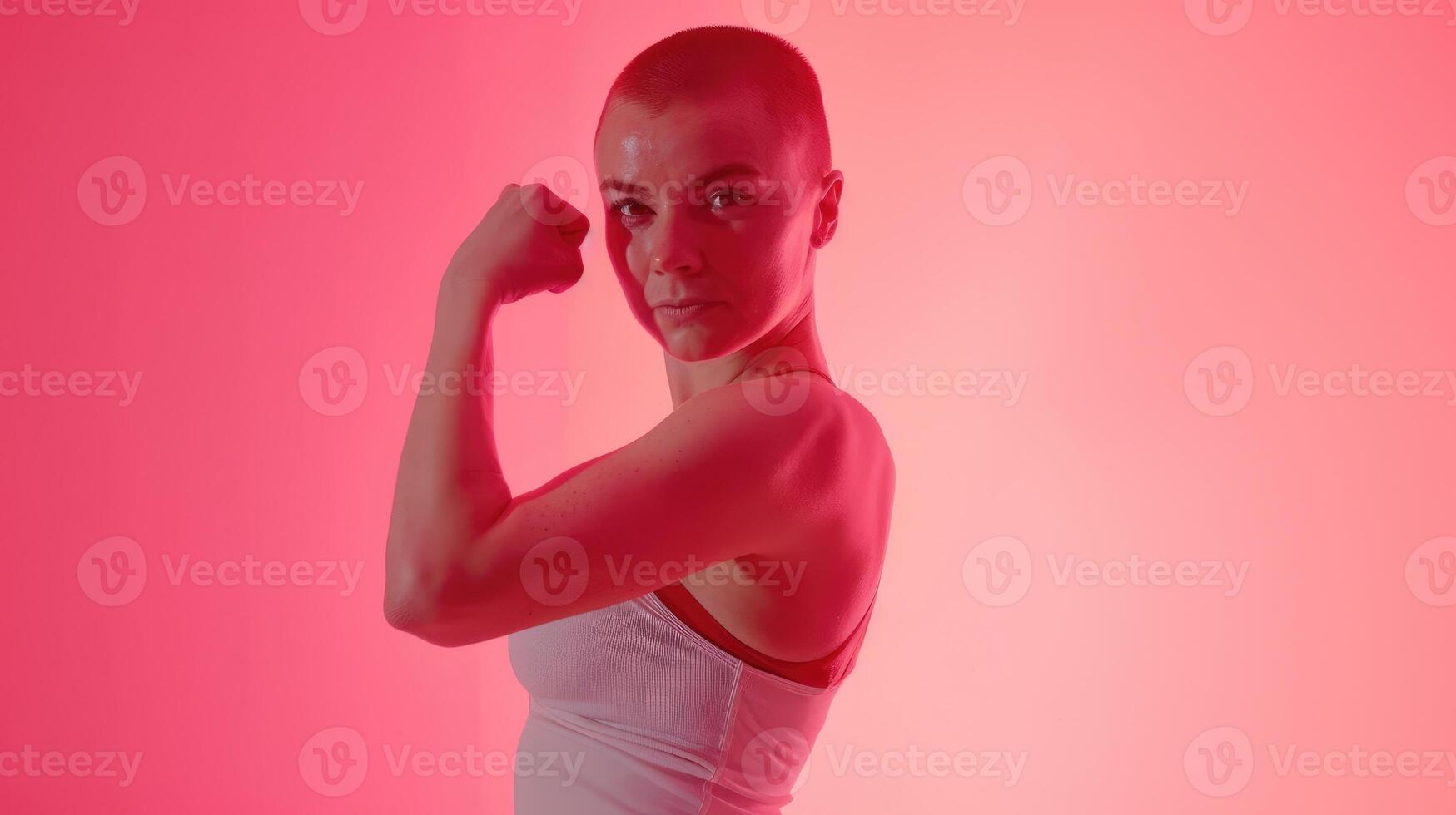 AccelerateAction banner with empty place for text. International Womens Day Accelerate Action. Strong confident white woman with short hair and hand show power. Pink IWD 2025 backdrop with copy space photo
