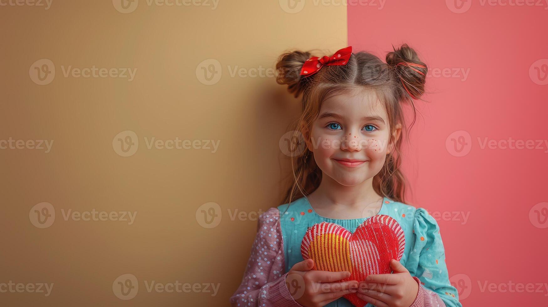 Little girl stands split colored wall, holding a heart shaped piece crafted from vibrant materials. Her playful expression and colorful outfit create a lively atmosphere. Happy valentines Day. photo