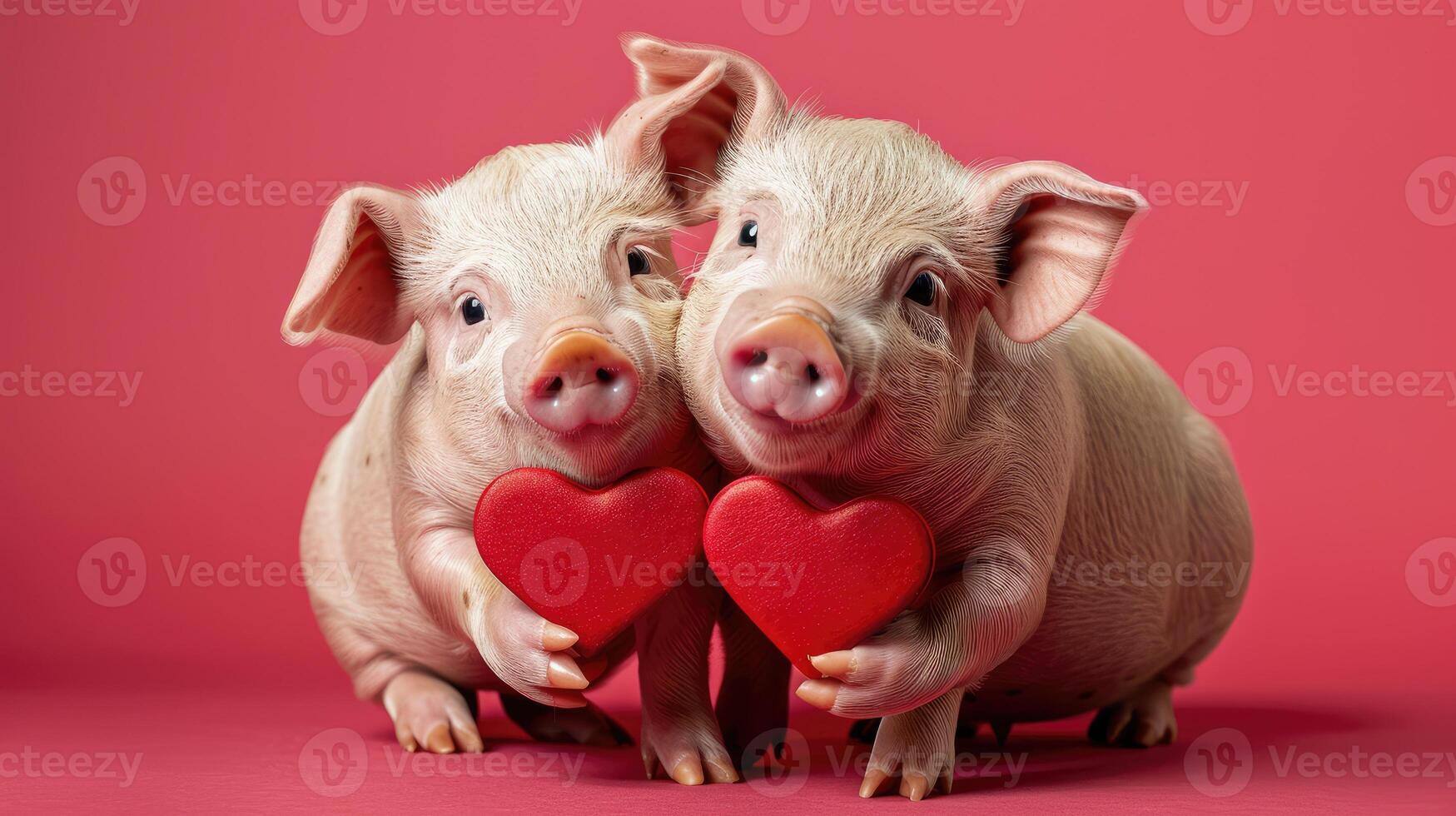 Pigs smile and hold red heart cards close together Valentines Day banner. Friendship or romantic Background with empty place for text. photo