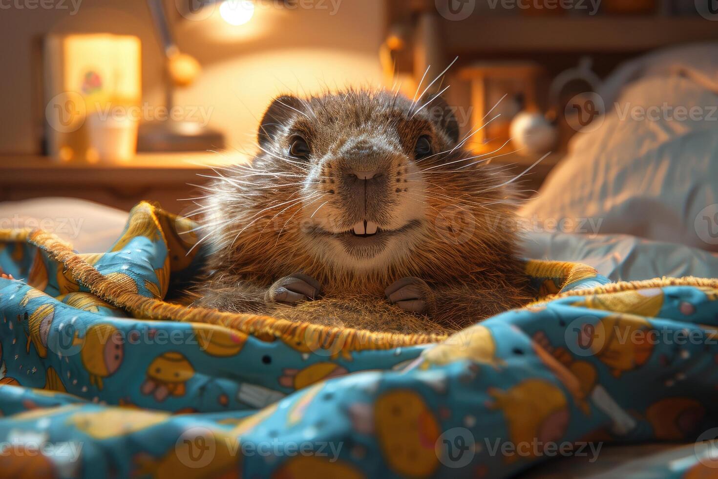 A charming groundhog is comfortably nestled in a bright, patterned blanket in a cozy bedroom. It looks happy and content, enjoying a peaceful moment in its warm surroundings photo