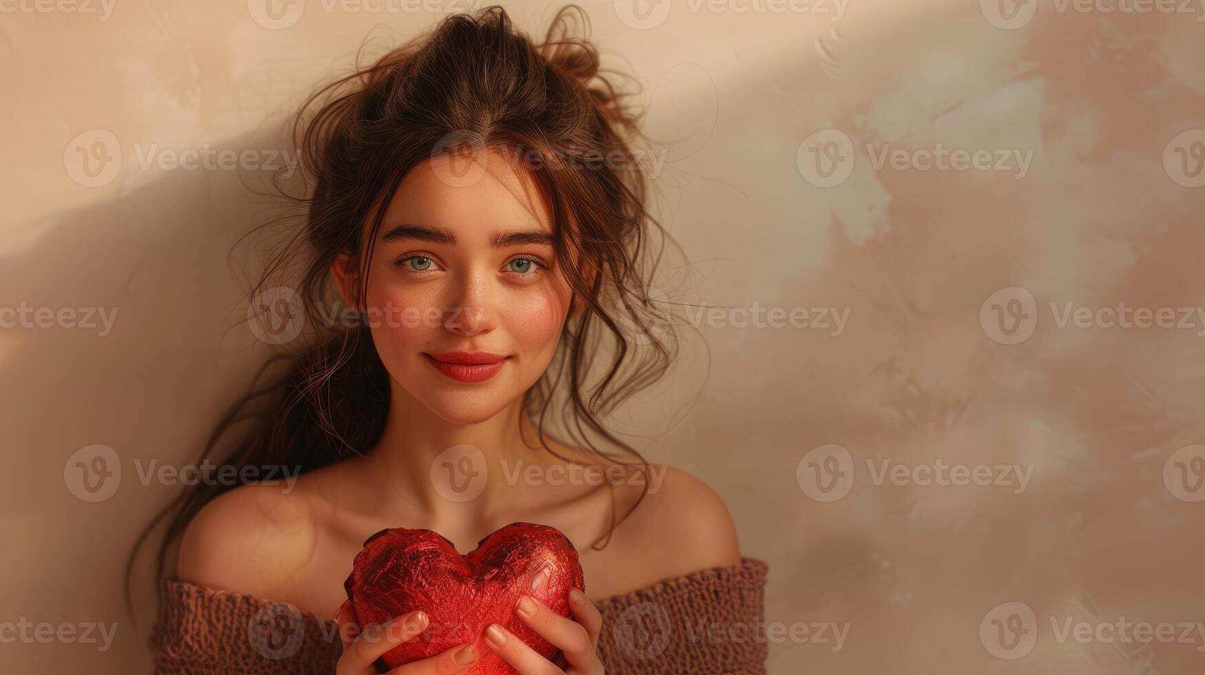 A young woman holds a red heart prop while smiling warmly. The soft lighting highlights her features, creating a cozy and inviting atmosphere in the room photo