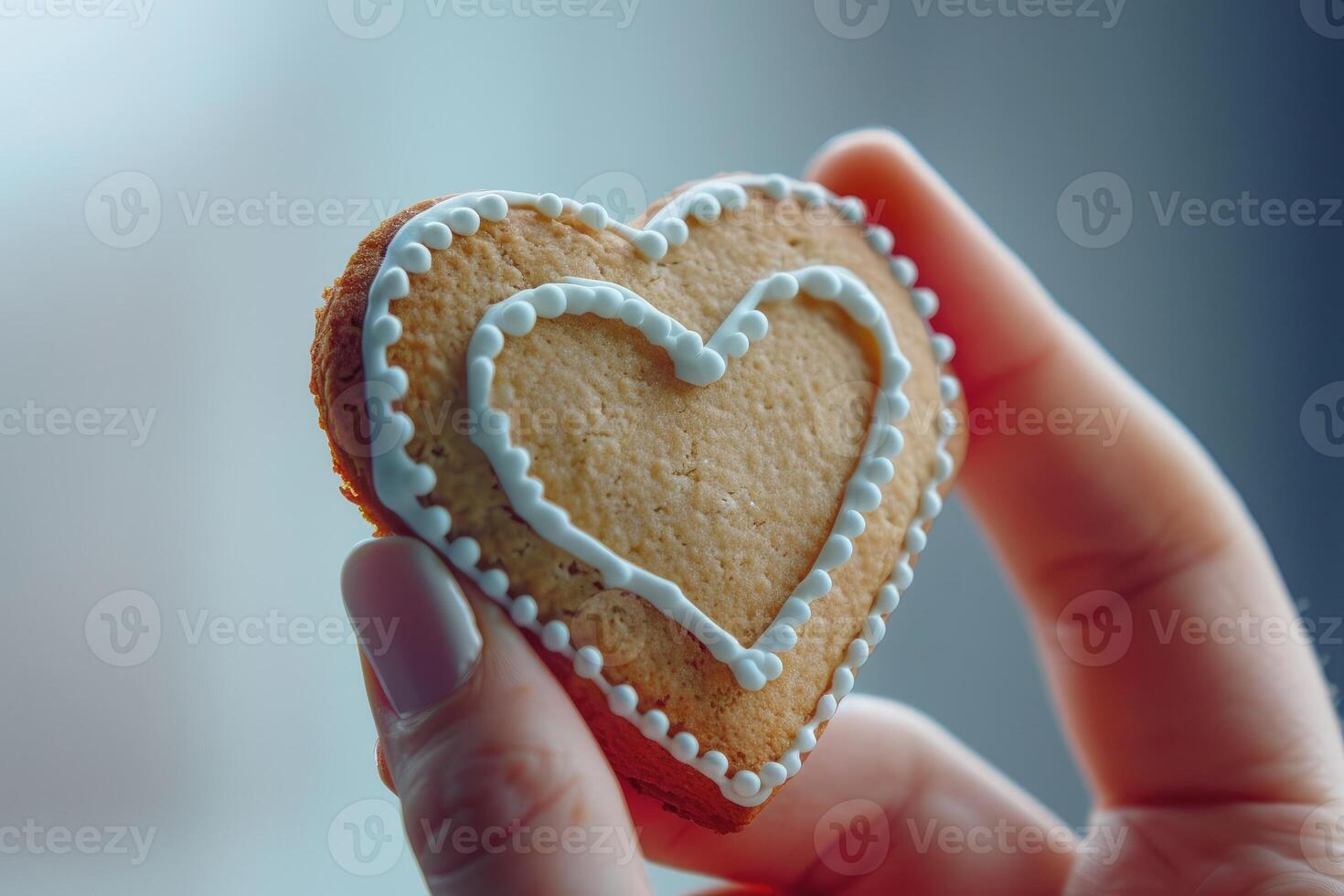 Close up woman hand holds a heart shaped cookie, adorned with white icing in a delicate pattern. Happy Valentine's Day banner with handmade sweets and food. photo