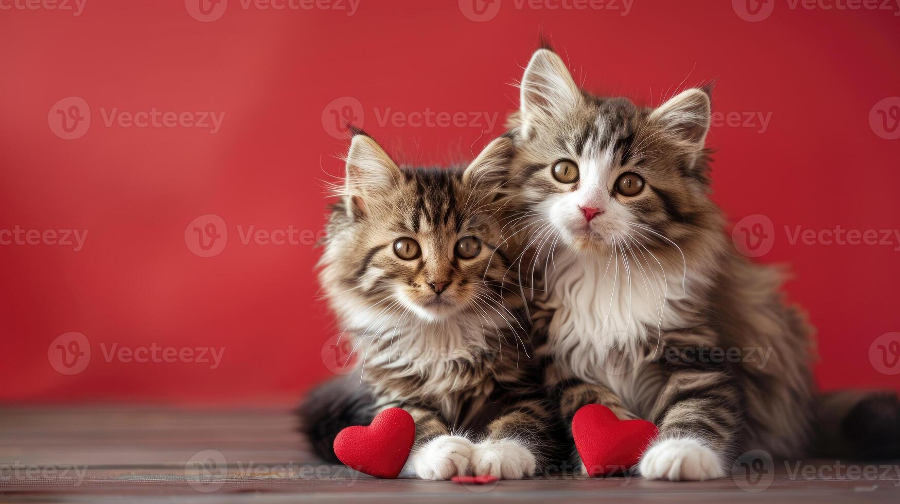 Cats in love Valentines Day banner with copy space. Pets surrounded by heart shaped decorations. They rest peacefully on a wooden surface, creating a warm and loving atmosphere photo