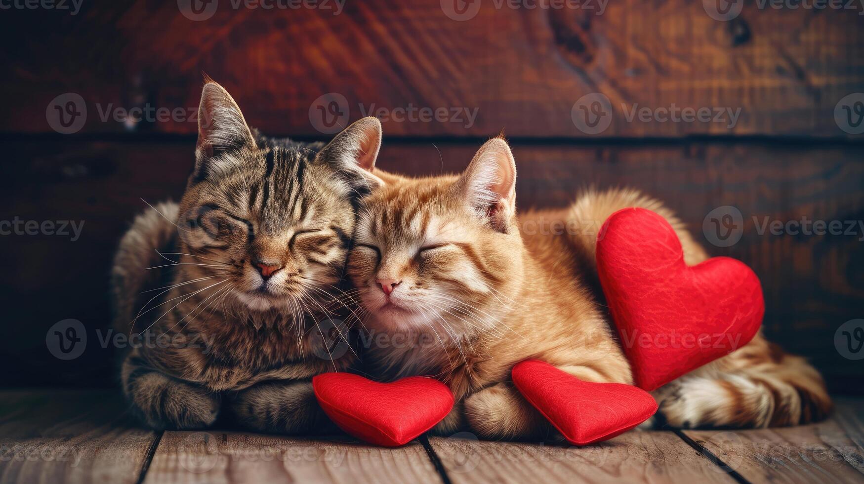 Cats Valentines Day banner. Pets surrounded by heart shaped decorations. They rest peacefully on a wooden surface, creating a warm and loving atmosphere photo