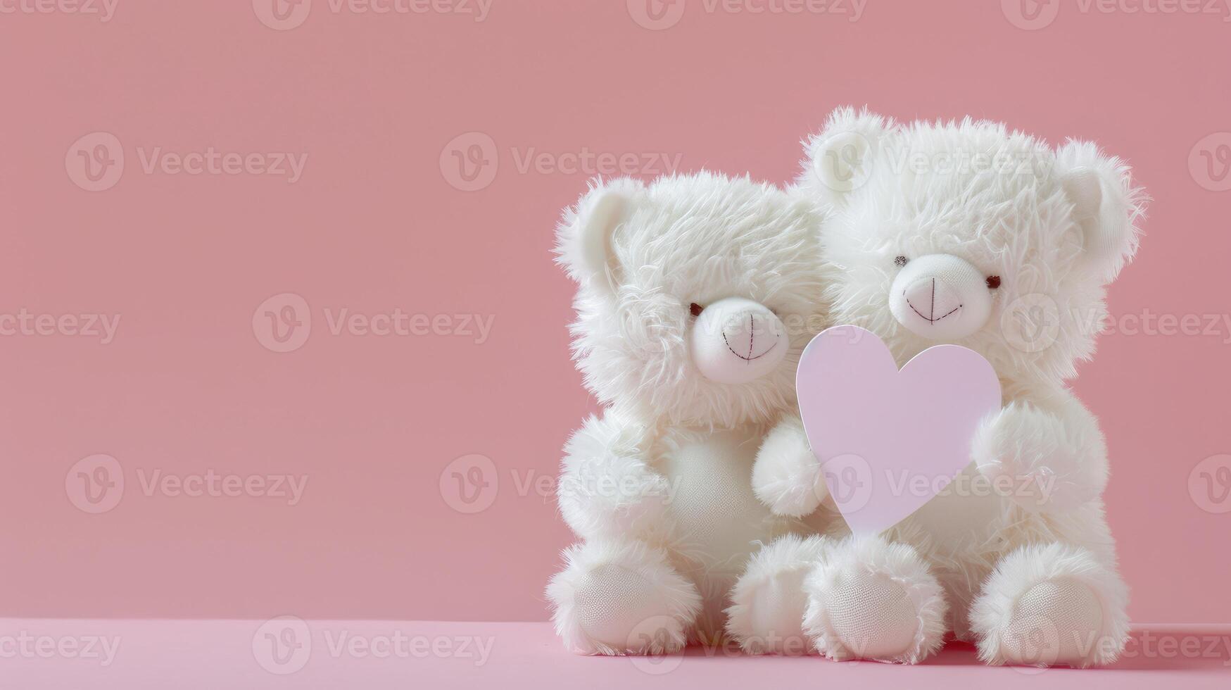 Valentines Day plush bears holding a heart shaped card between them banner with copy space. The soft pink background enhances their cheerful and loving appearance, perfect for any romantic occasion photo