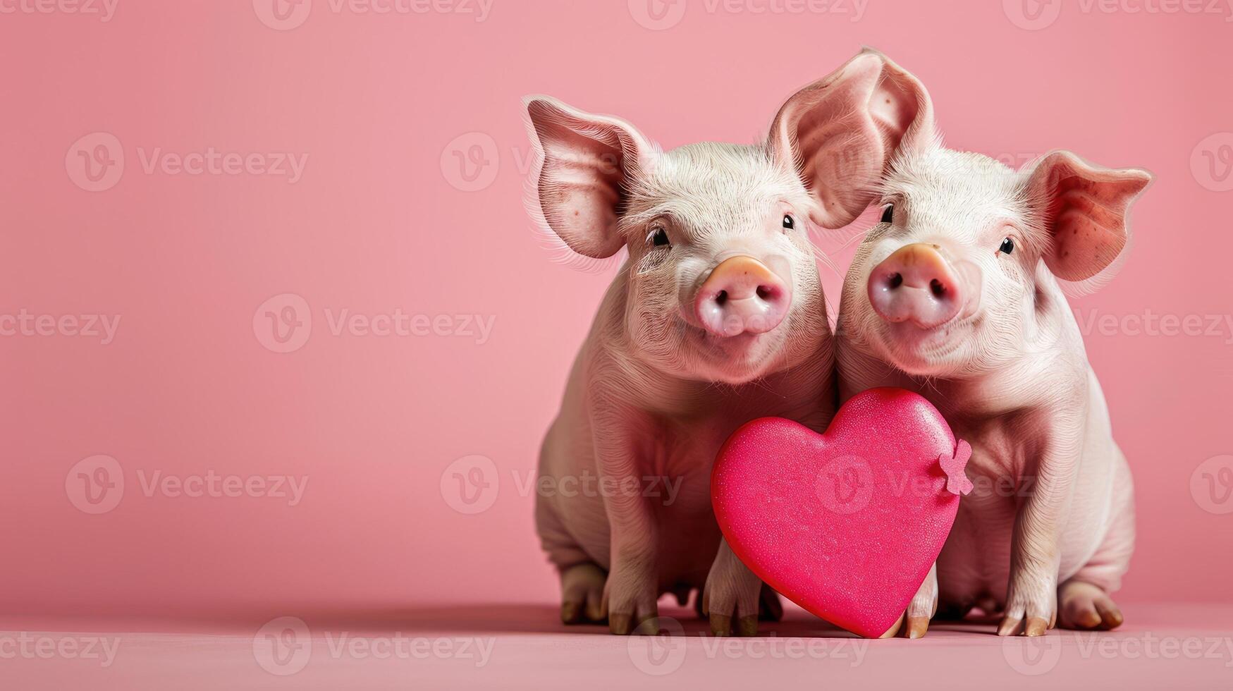 Valentines Day Background with pigs are standing side by side, holding a bright pink heart and empty place for text. Love animal on pink backdrop. Romantic banner with copy space photo