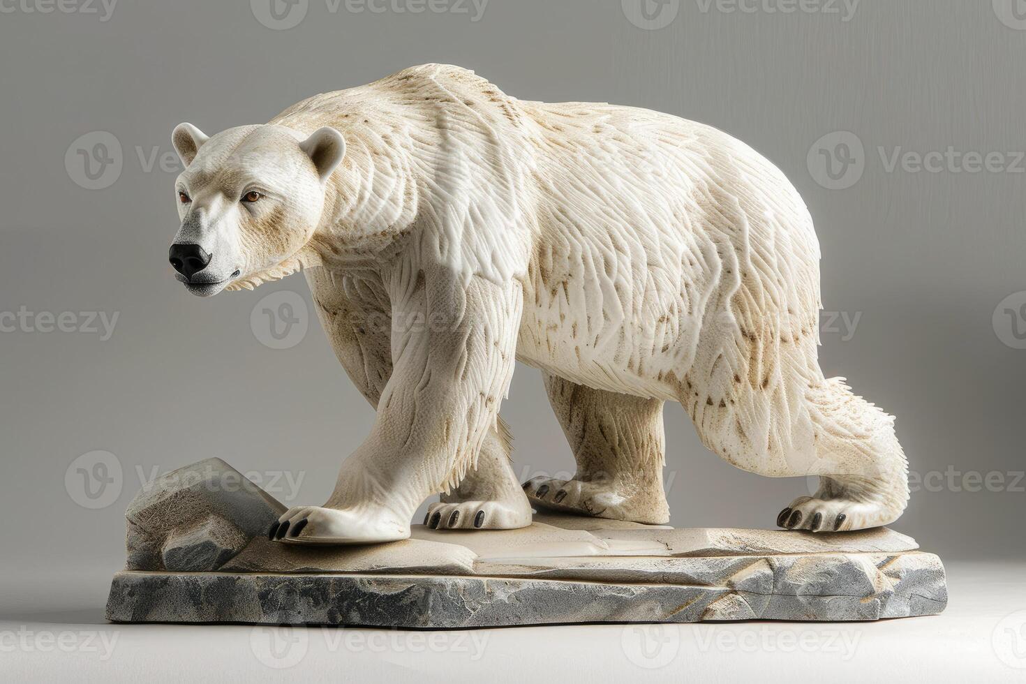 This sculptural polar bear highlights its powerful physique and thick fur. Wood or stone Animal stands, emphasizing unique textures and details against a solid background. International Polar Bear Day photo