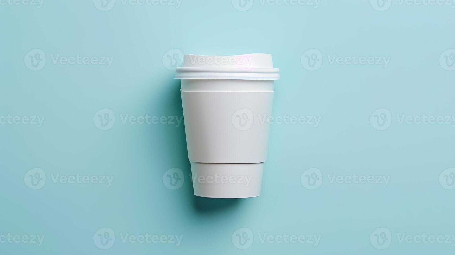 A white mockup coffee cup on a light blue surface, creating a minimalist aesthetic perfect for a peaceful morning. The scene emphasizes simplicity and tranquility, ideal for coffee lovers photo