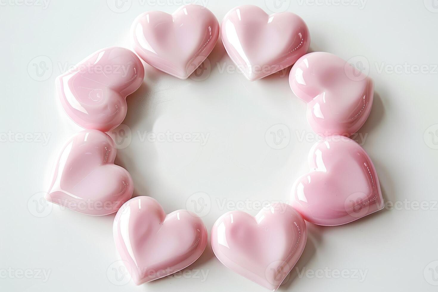 Delicate light pink hearts arranged in a circular pattern on a clean white background, perfect for setting a romantic atmosphere or celebrating love. Round Frame for text photo