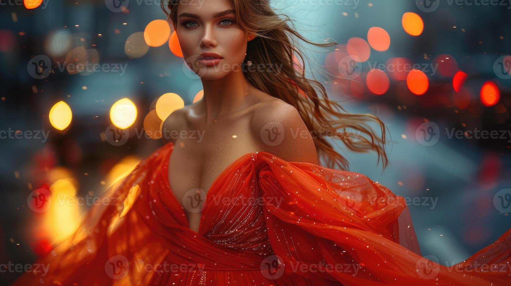 National Wear Red Day stunning woman poses gracefully in a vibrant gown, showcasing flowing fabric bustling city backdrop with soft glowing lights during twilight. Singles Awareness. photo