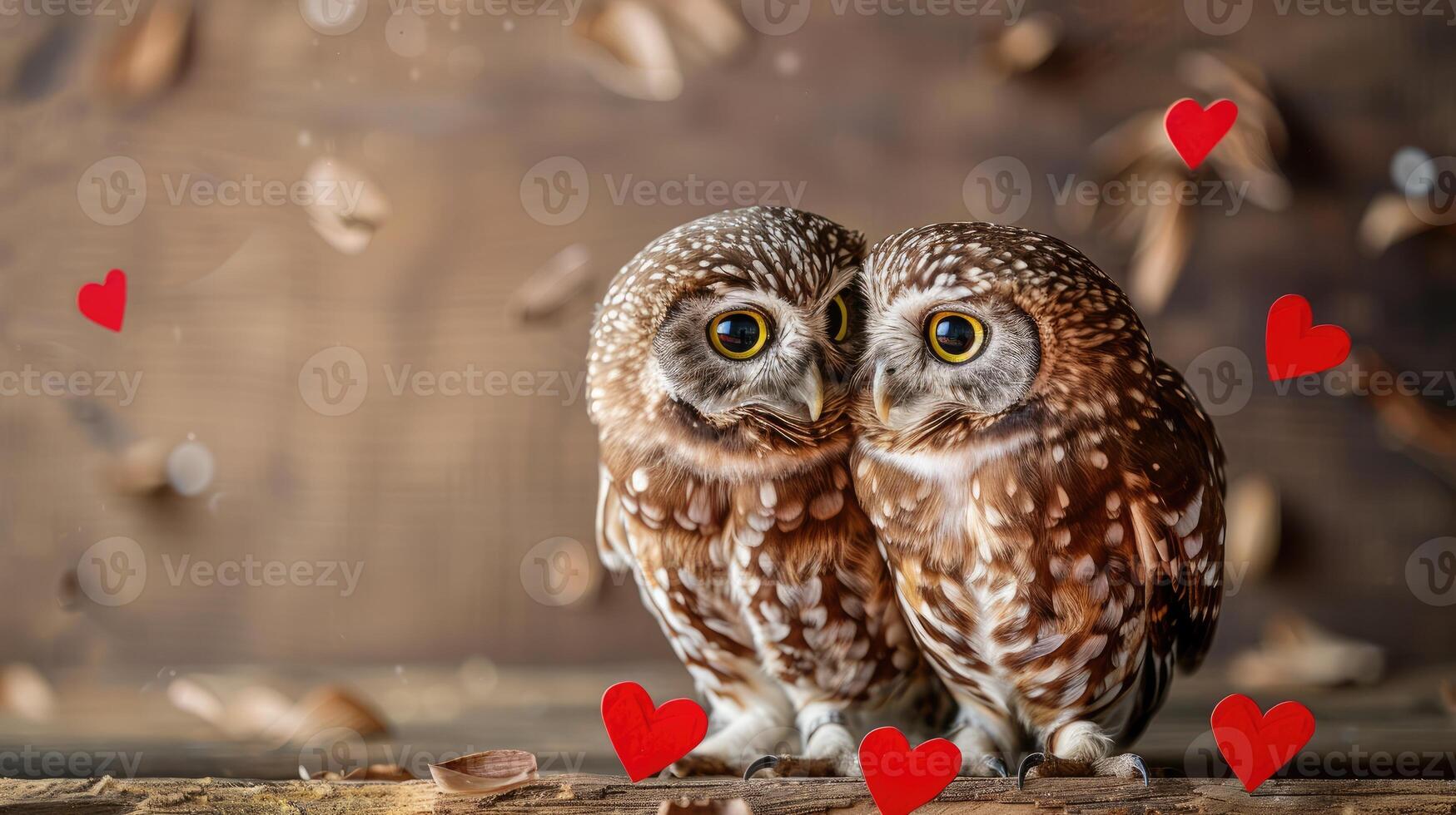 Cute owls express love while nestled closely together against a simple background adorned with hearts, showcasing their playful bond and charm. Happy Valentines Day banner with copy space photo