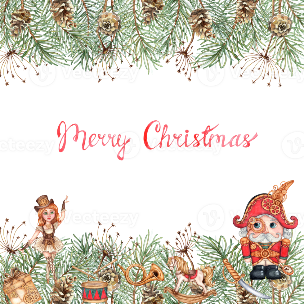 Nutcracker and ballerina with fir branches, pine cones, watercolor illustration. Forest plants for winter Christmas and New Year decoration isolated from background. Banner, frame, border png