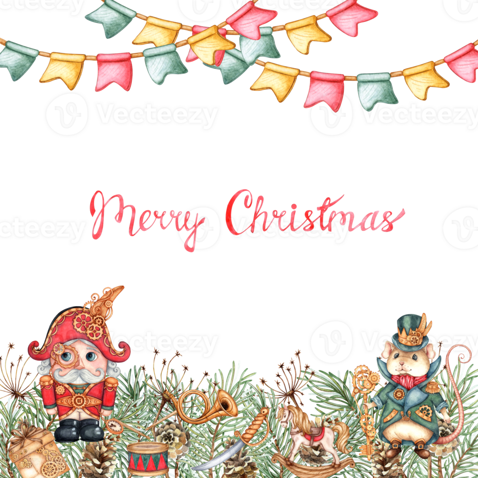 Nutcracker and Mouse King with fir branches, pine cones, garland with flags watercolor illustration. Forest plants for winter Christmas and New Year decoration isolated from background. Banner, frame, png