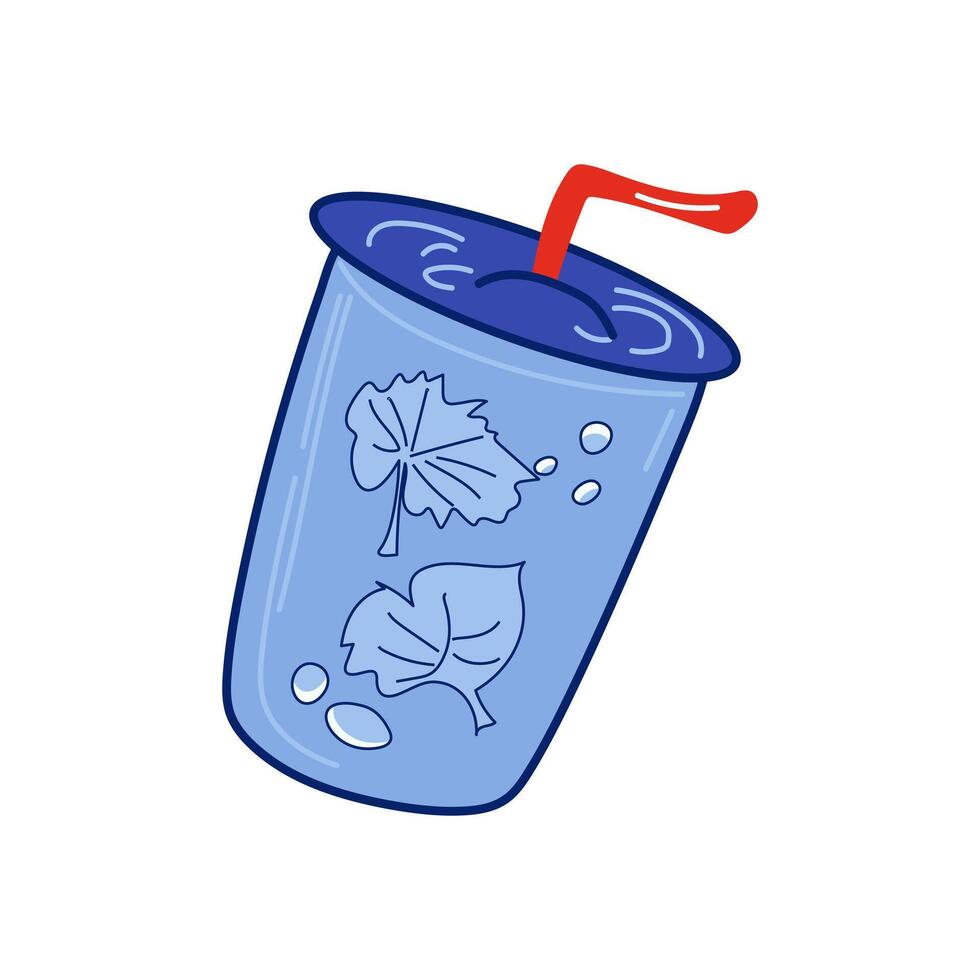 Water cup with straw in flat design. Cold mojito beverage with leaf. illustration isolated. vector