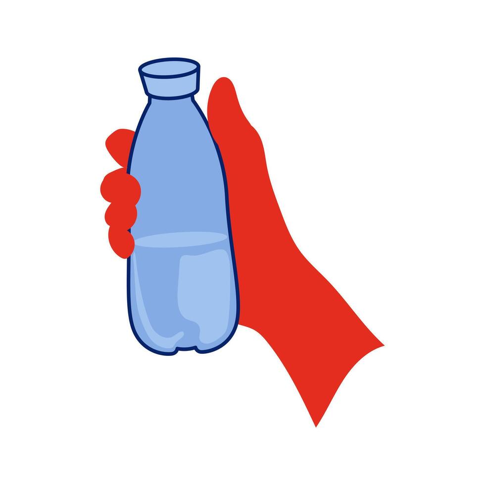 Hand hold water bottle in flat design. Beverage container in human arm. illustration isolated. vector