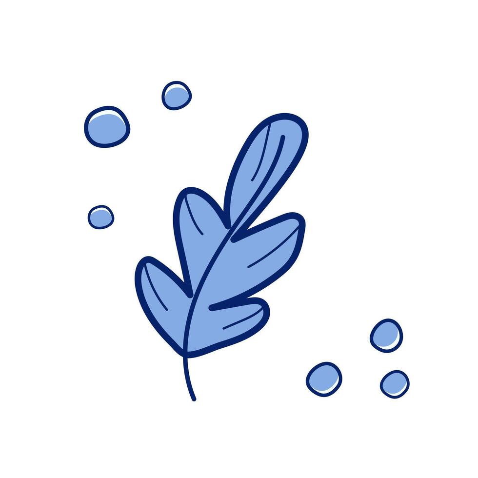 Blue leaf and water drops in flat design. Freshness beverage, hydrate balance. illustration isolated. vector
