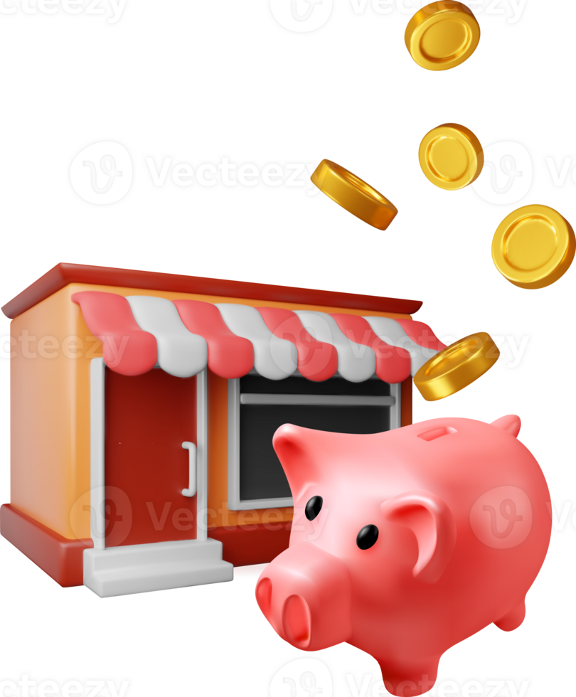 3D franchising shop with piggy bank and coin png
