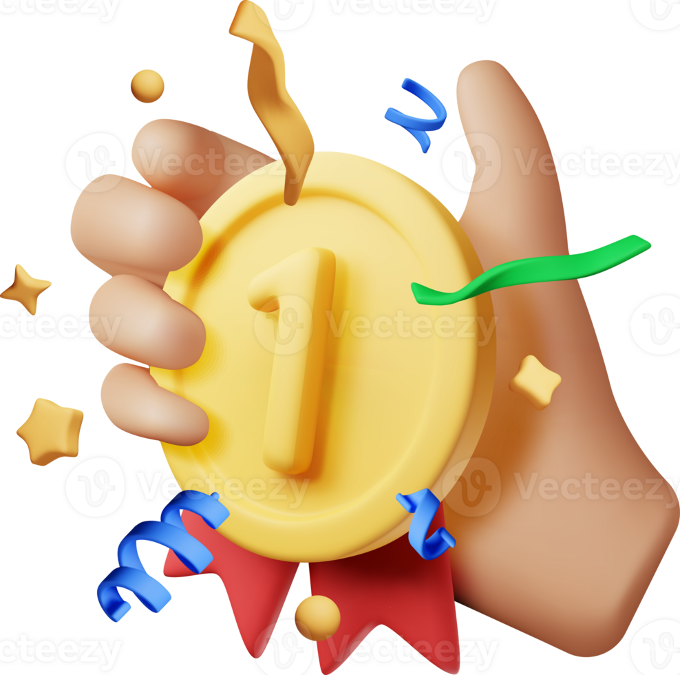 3d golden medal with red ribbons and confetti png