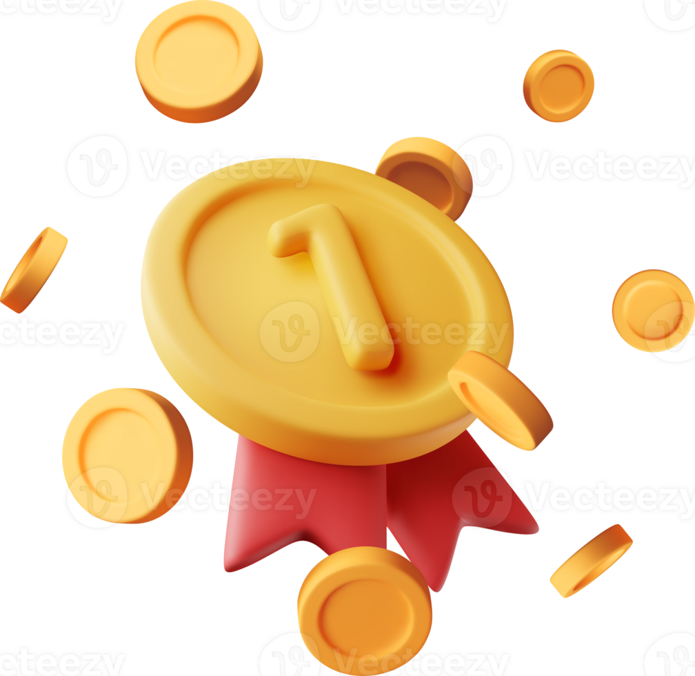 3d golden medal with gold coins png