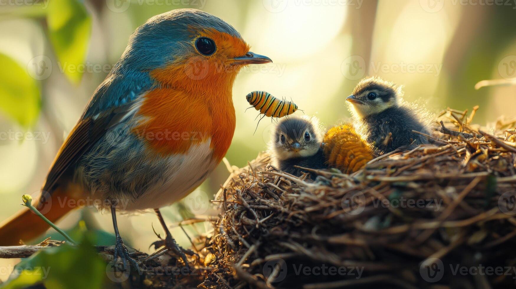 A bird and its babies are in a nest photo