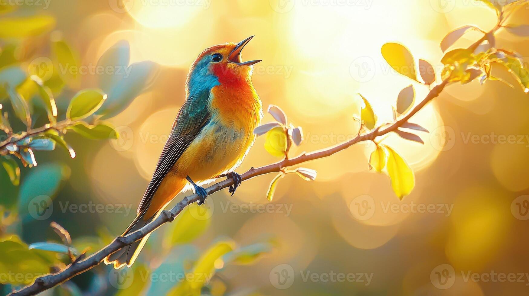 A colorful bird is sitting on a branch with sunlight photo
