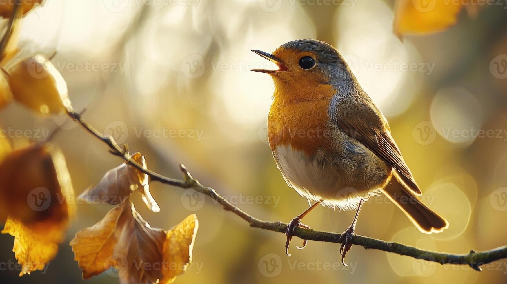 A small bird is perched on a branch with leaves photo