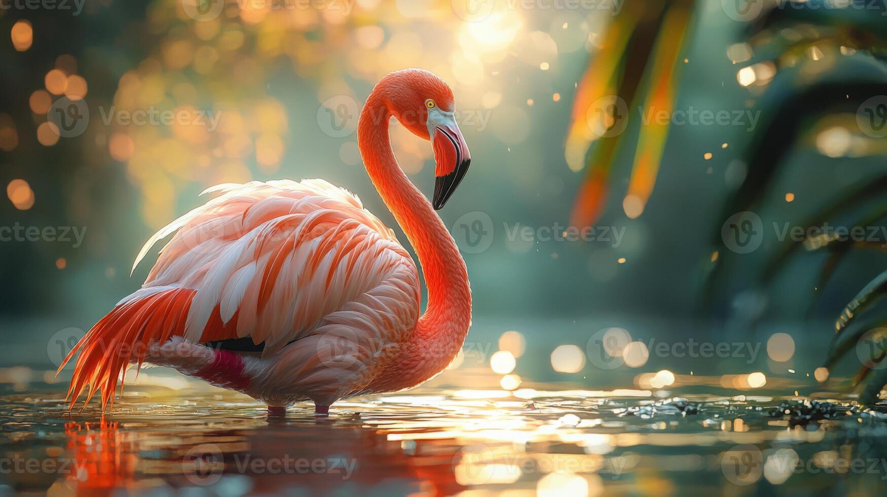 A flamingo is standing in the water photo