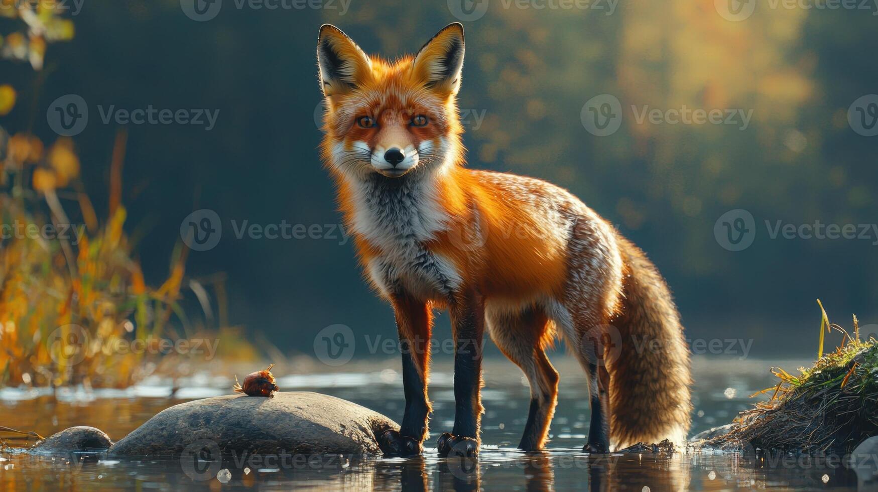 A fox stands on a rock in a river photo