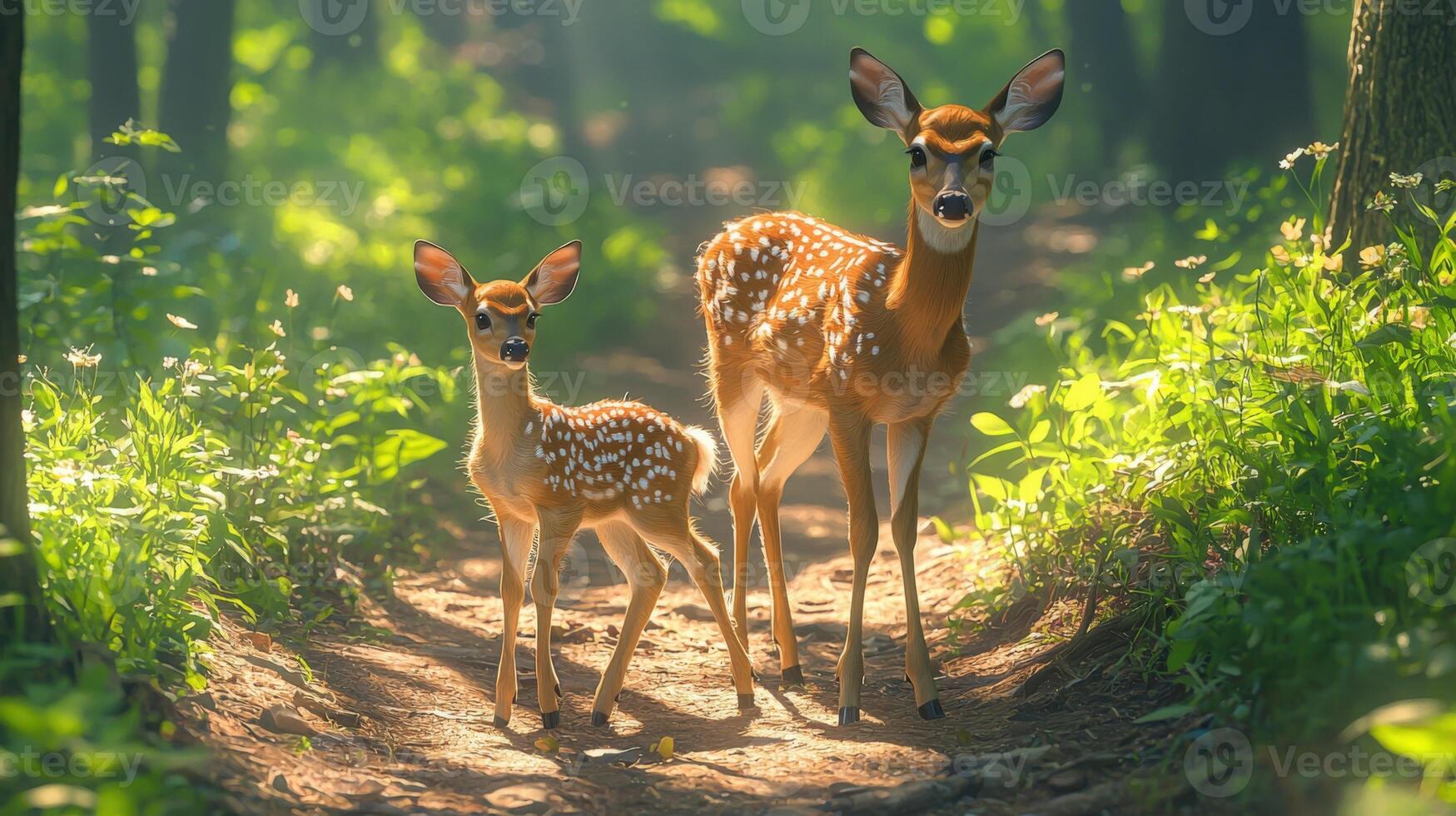 Two deer standing on a dirt path in the woods photo