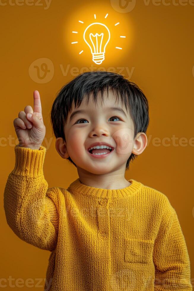 A young boy is holding up an idea light bulb photo