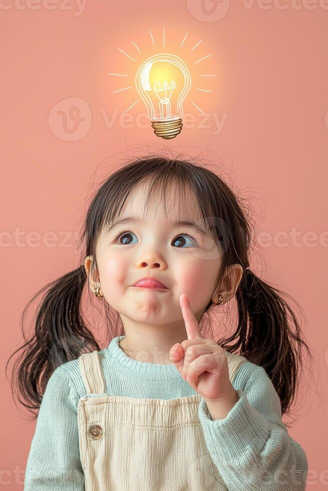 A little girl with an idea light bulb above her head photo