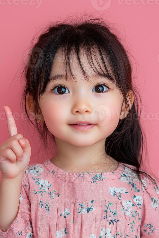 A little girl with her finger up on a pink background photo