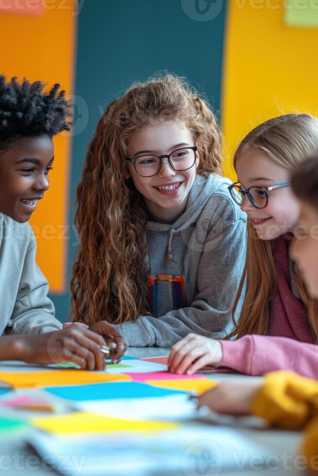 Group of children sitting at table with colorful paper photo