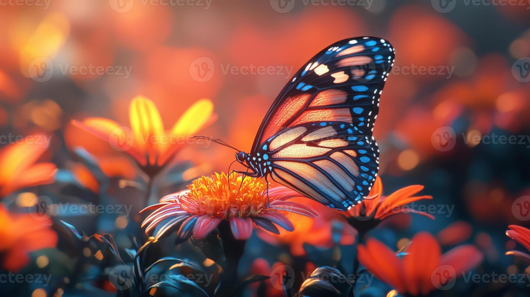 Monarch butterfly on orange flower, vibrant colors, close up, bokeh, photo